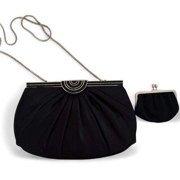 JUDITH LEIBER black satin jeweled clasp clutch bag chain strap handbag Dust Bag - Picture 8 of 12